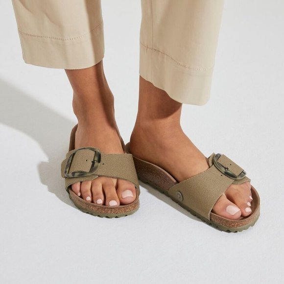 Birkenstock Shoes - Birkenstock Madrid Big Buckle Sandals Vegan Textile Faded Khaki Narrow width